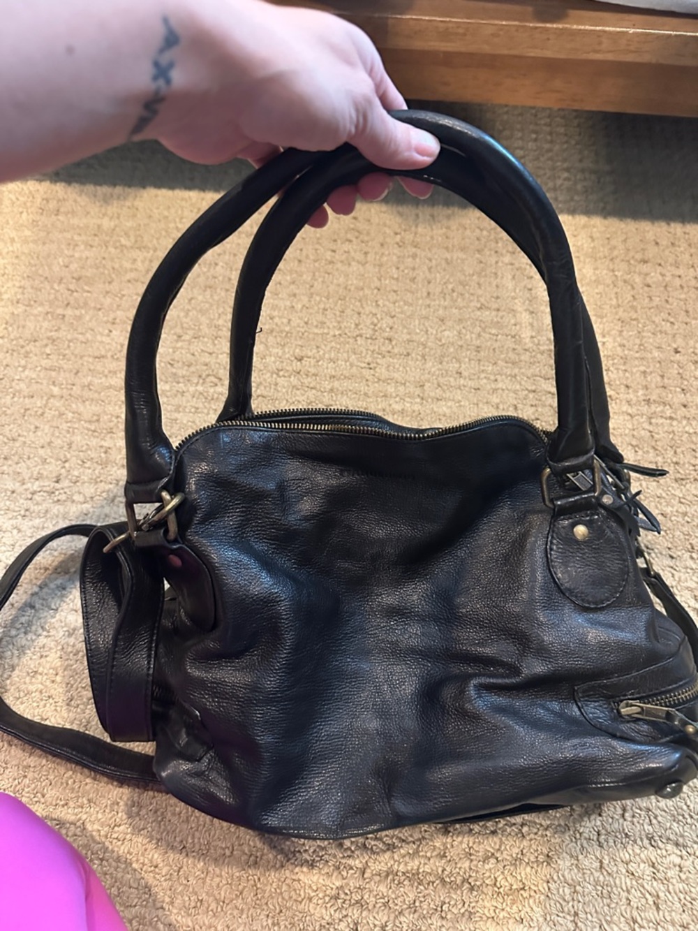 Versatile Black Leather Shoulder Bag with Double Handles